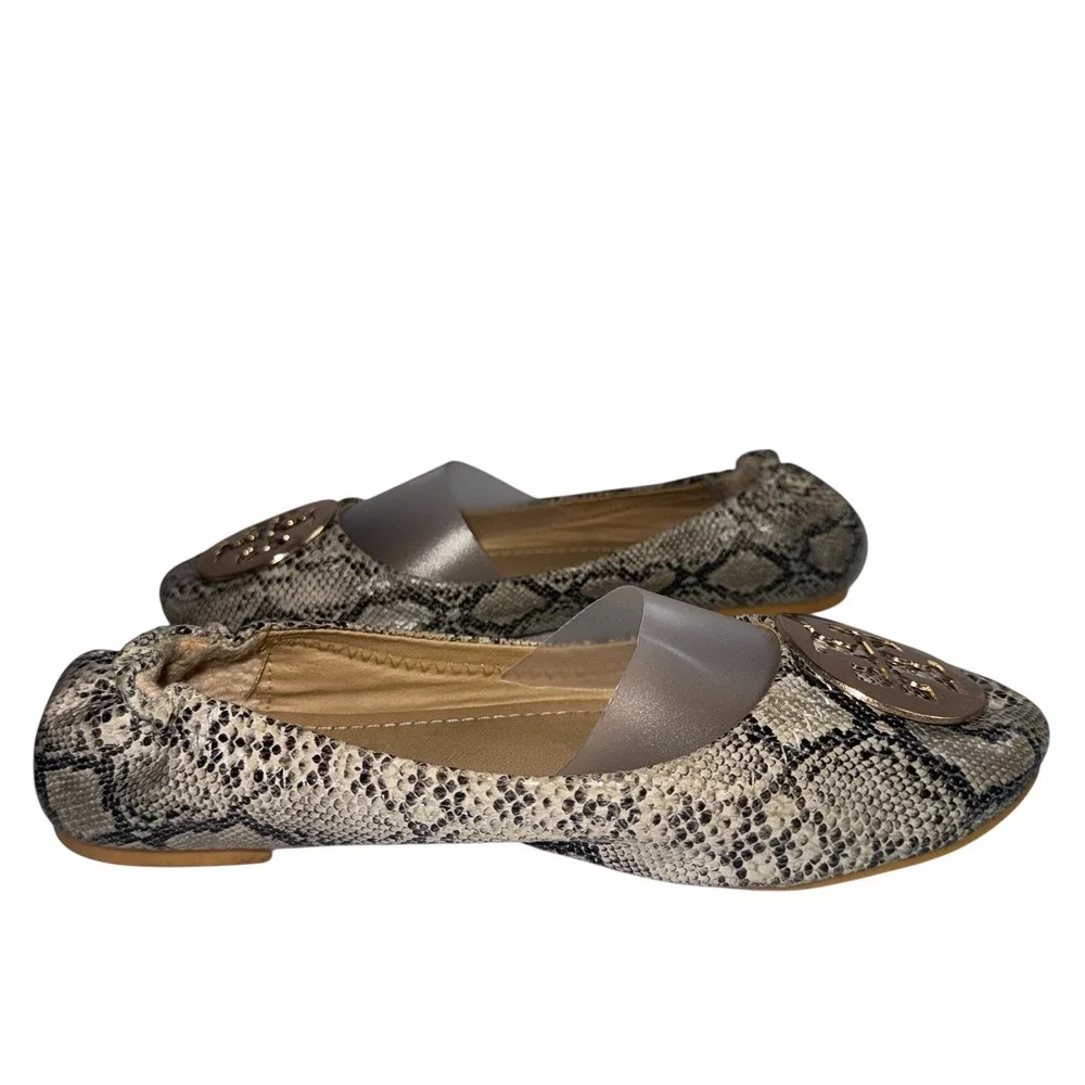 Tory Burch Minnie Travel Ballet Flats Snakeskin Embossed‎ Gold Logo 36 N3018-7S